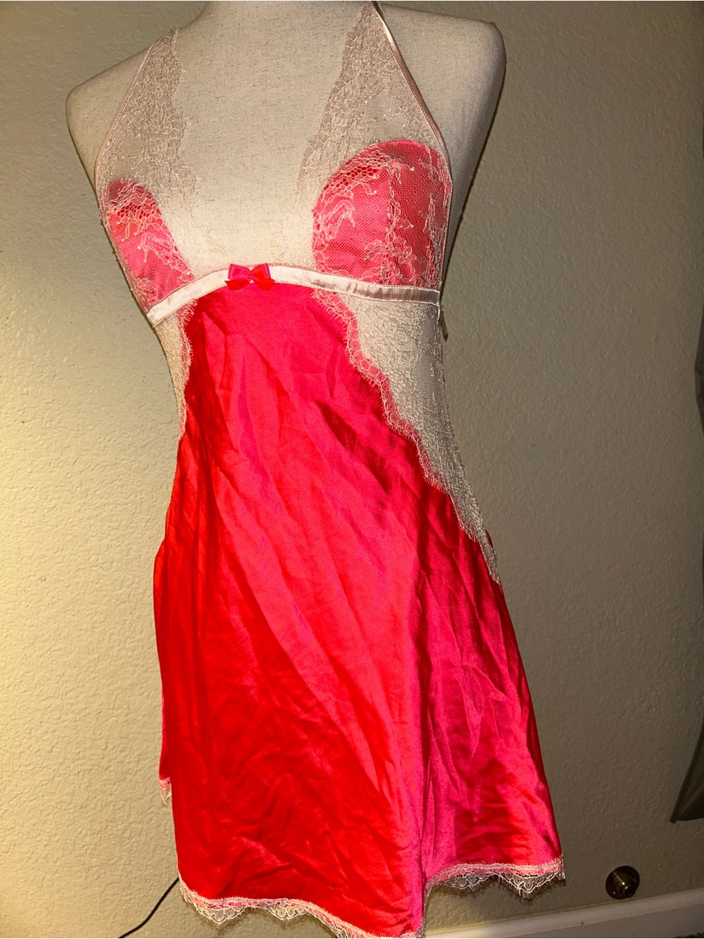 Victoria’s Secret Hot Pink Lace-Trim Satin Chemise Halter Neck Nightgown